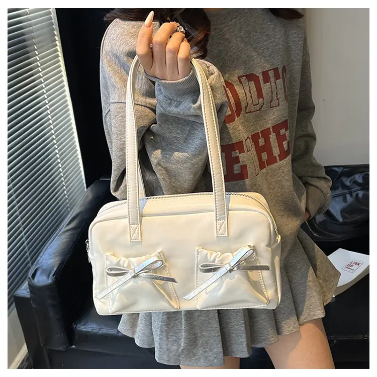 White Boston Style Shoulder Bag with Bow Detail — feature 21