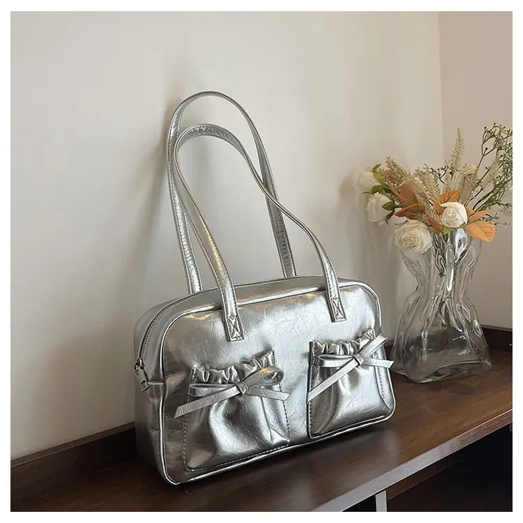 White Boston Style Shoulder Bag with Bow Detail — feature 22