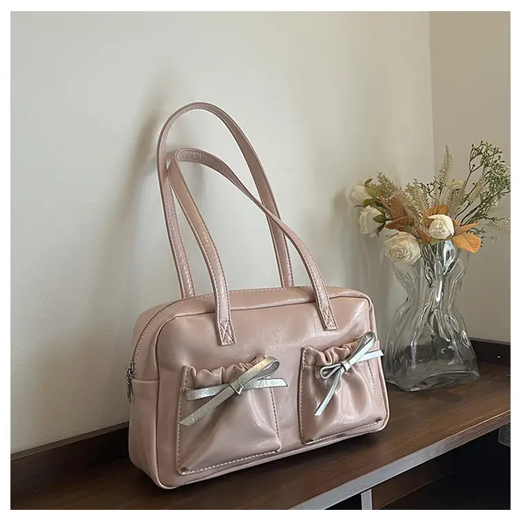 White Boston Style Shoulder Bag with Bow Detail — feature 23