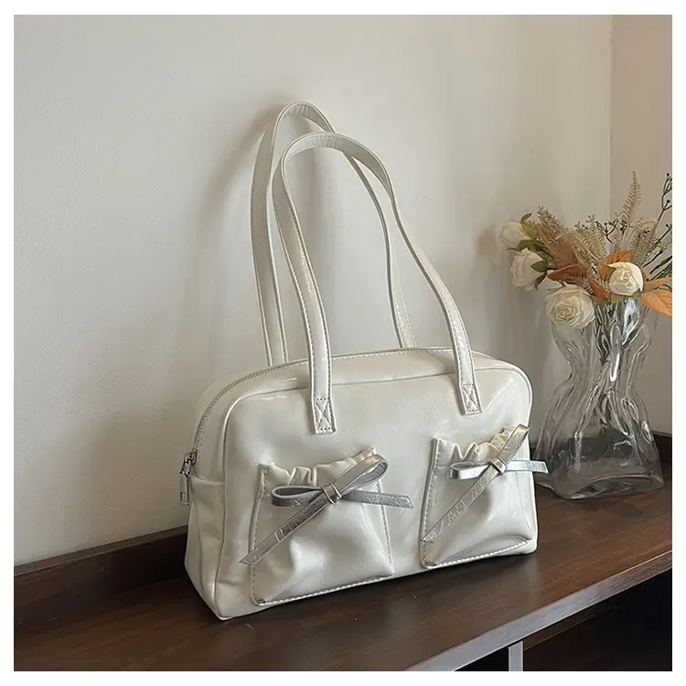 White Boston Style Shoulder Bag with Bow Detail — feature 24