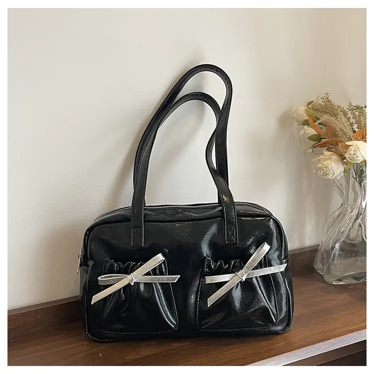 White Boston Style Shoulder Bag with Bow Detail — feature 25