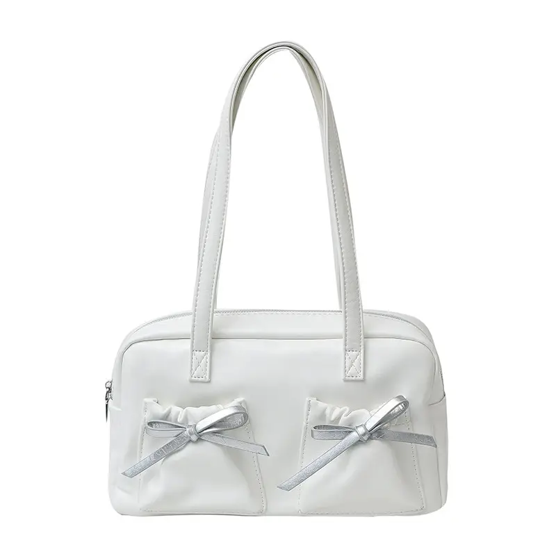 White Boston Style Shoulder Bag with Bow Detail - Image 2