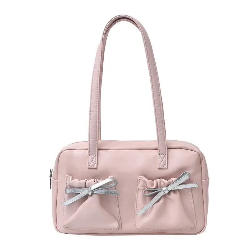 White Boston Style Shoulder Bag with Bow Detail - Image 3