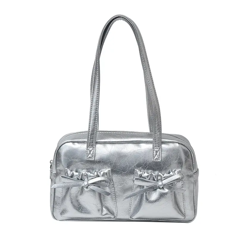 White Boston Style Shoulder Bag with Bow Detail - Image 4