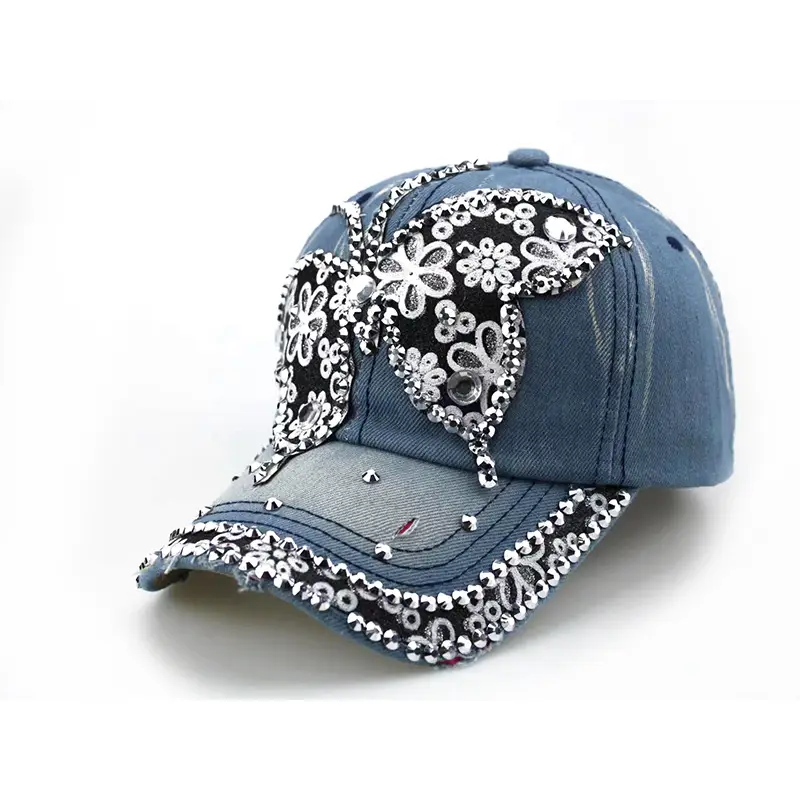 Blue Butterfly Rhinestone Baseball Cap with Adjustable Strap - Image 2