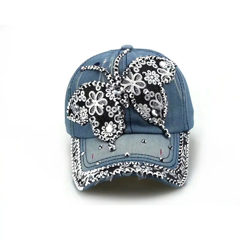 Blue Butterfly Rhinestone Baseball Cap with Adjustable Strap - Image 3