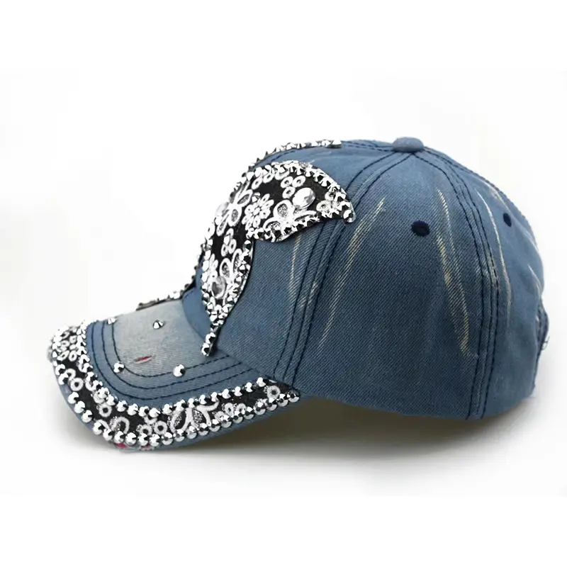 Blue Butterfly Rhinestone Baseball Cap with Adjustable Strap - Image 4