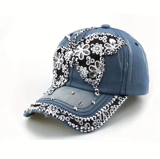 Blue Butterfly Rhinestone Baseball Cap with Adjustable Strap - Image 6