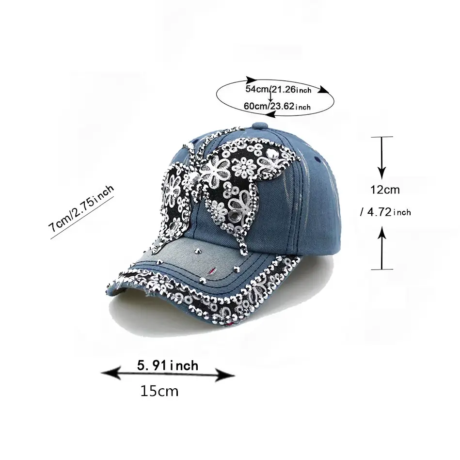 Blue Butterfly Rhinestone Baseball Cap with Adjustable Strap — feature 6