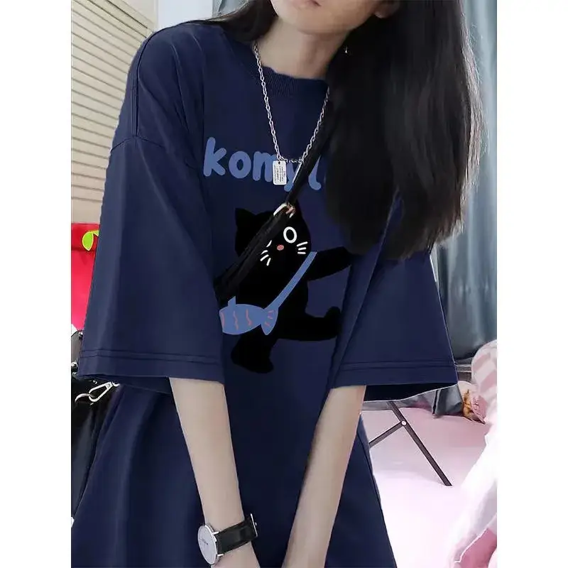 Women 100Cotton Short Sleeve T-Shirt Komla Cat Print — feature 5