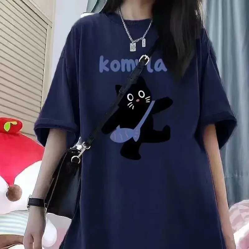 Women 100Cotton Short Sleeve T-Shirt Komla Cat Print — feature 6