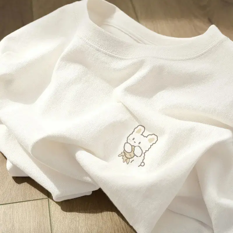 Women Japanese Style Short Sleeve T-Shirt Maroon Rabbit Print