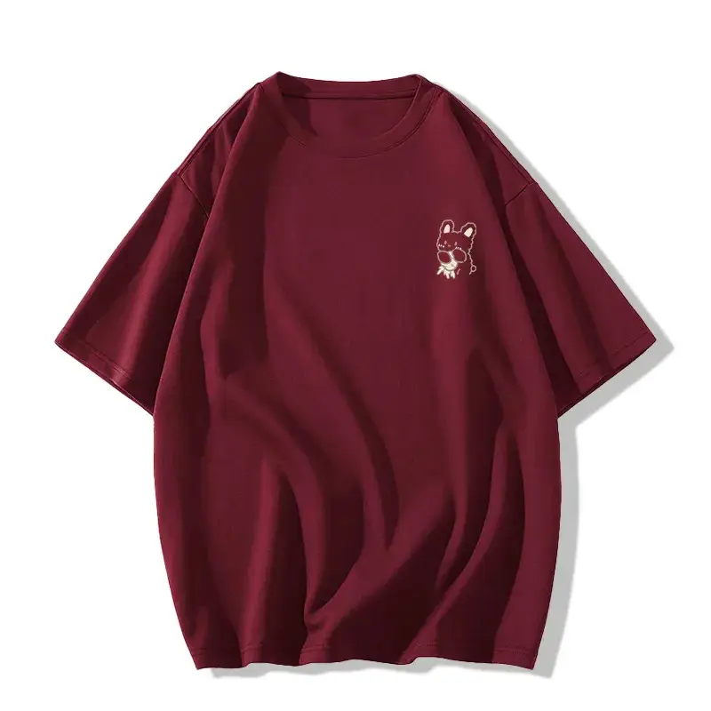 Women Japanese Style Short Sleeve T-Shirt Maroon Rabbit Print