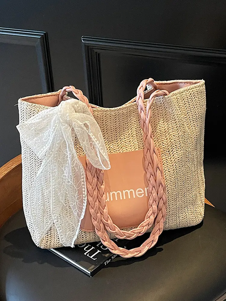 Women's Woven Shoulder Bag with Lace Handle - Image 5