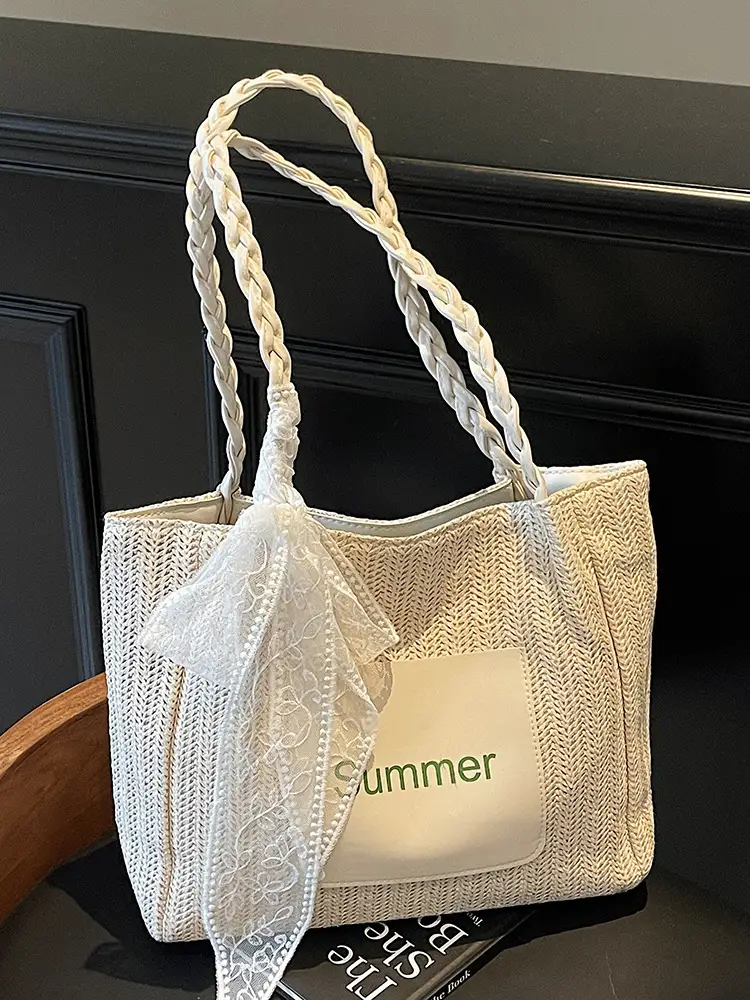 Women's Woven Shoulder Bag with Lace Handle - Image 6