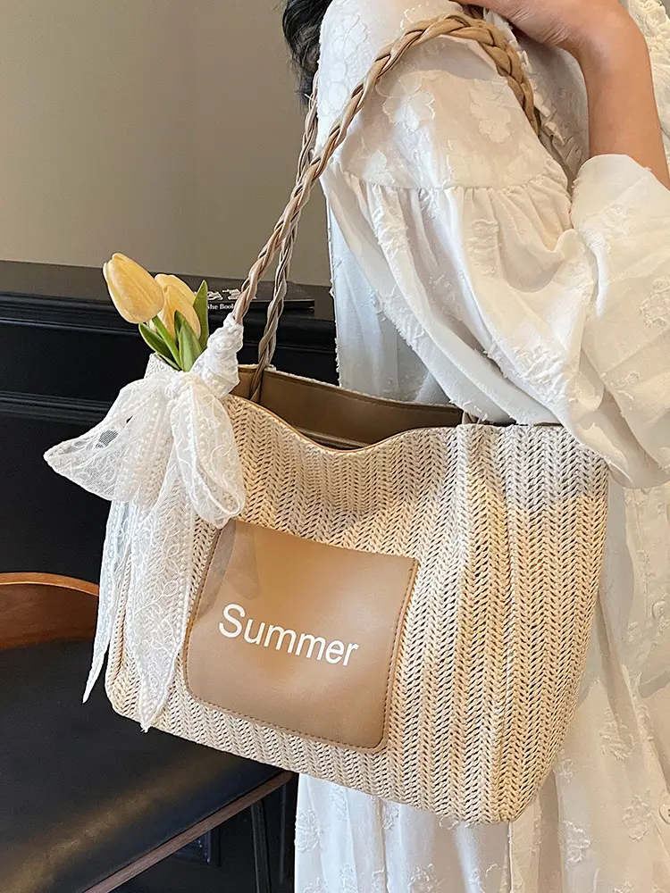 Women's Woven Shoulder Bag with Lace Handle - Image 7