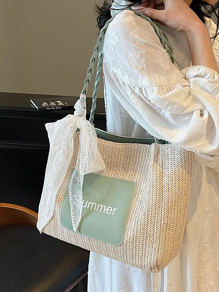 Women's Woven Shoulder Bag with Lace Handle - Image 8