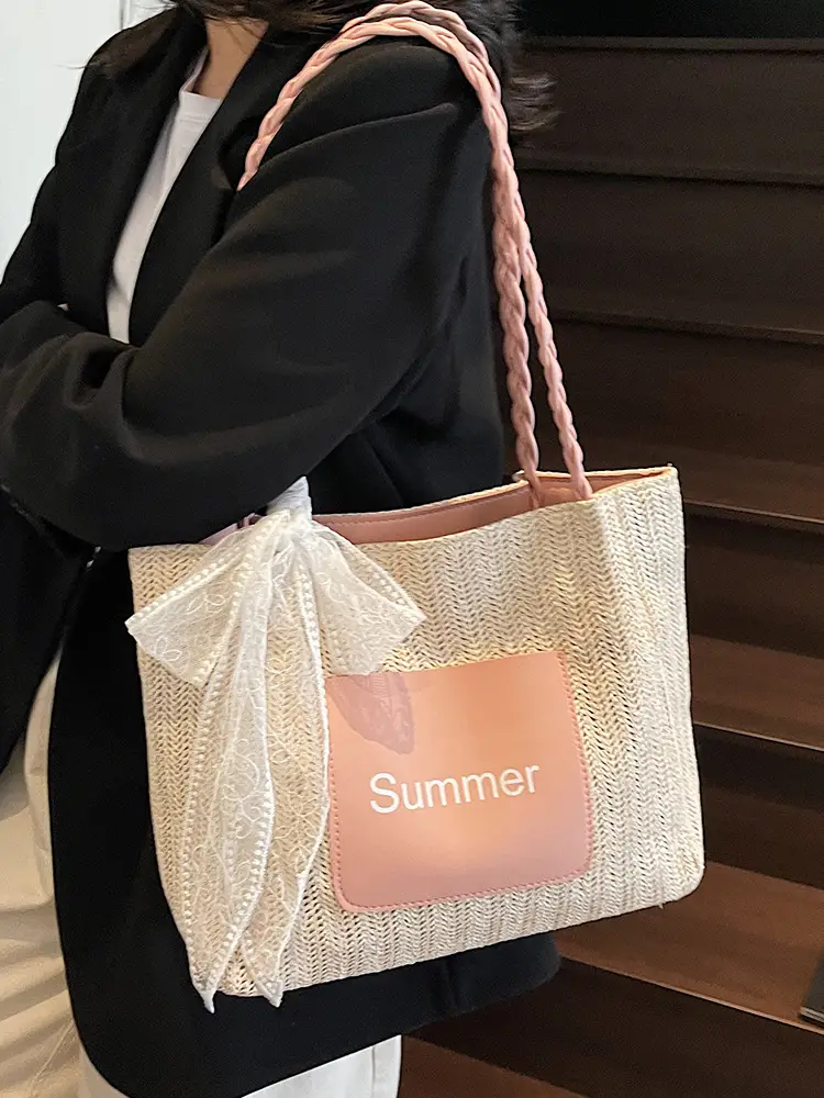 Women's Woven Shoulder Bag with Lace Handle - Image 9