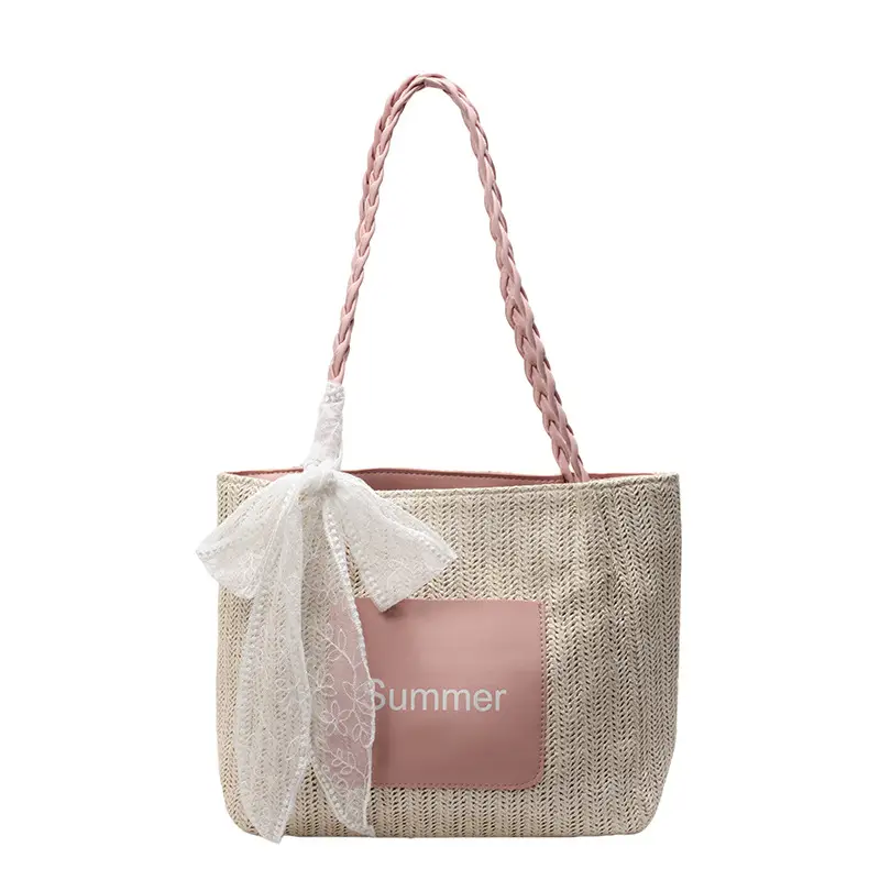 Women's Woven Shoulder Bag with Lace Handle - Image 2