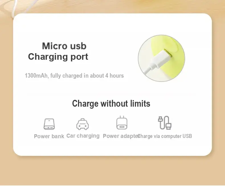 Micro-USB charging panel showing 1300 mAh and approximately four hours to charge.