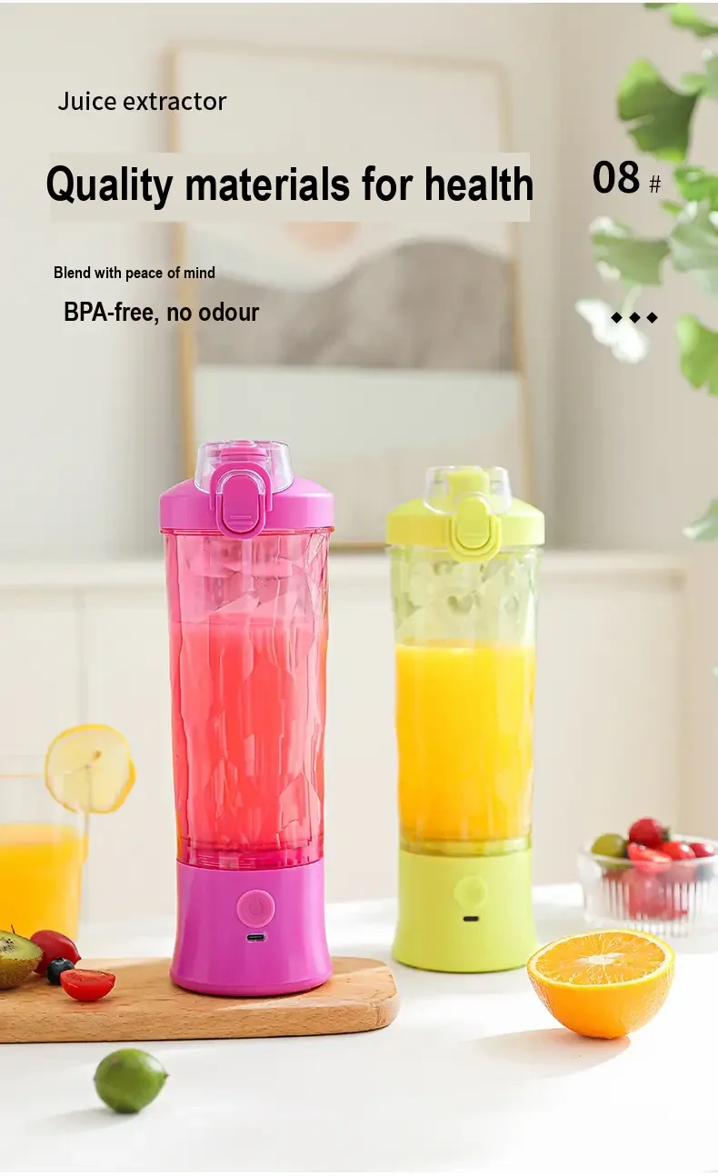 Pink and lime juicer cups with Chinese material and BPA claims.