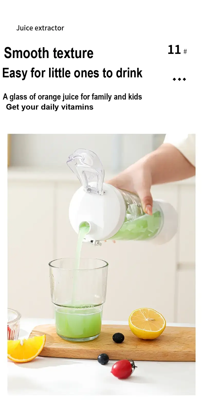 White juicer cup pouring pale green juice into a glass.