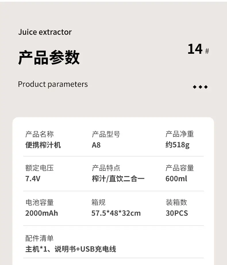 Cross-Border Juicer Fruit Juice Portable Charging Household Small Multi-Functional Mini Blender Juice Cup — feature 20
