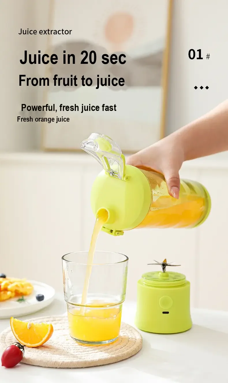 Lime juicer cup pouring orange juice, with Chinese text claiming a 20-second blend.