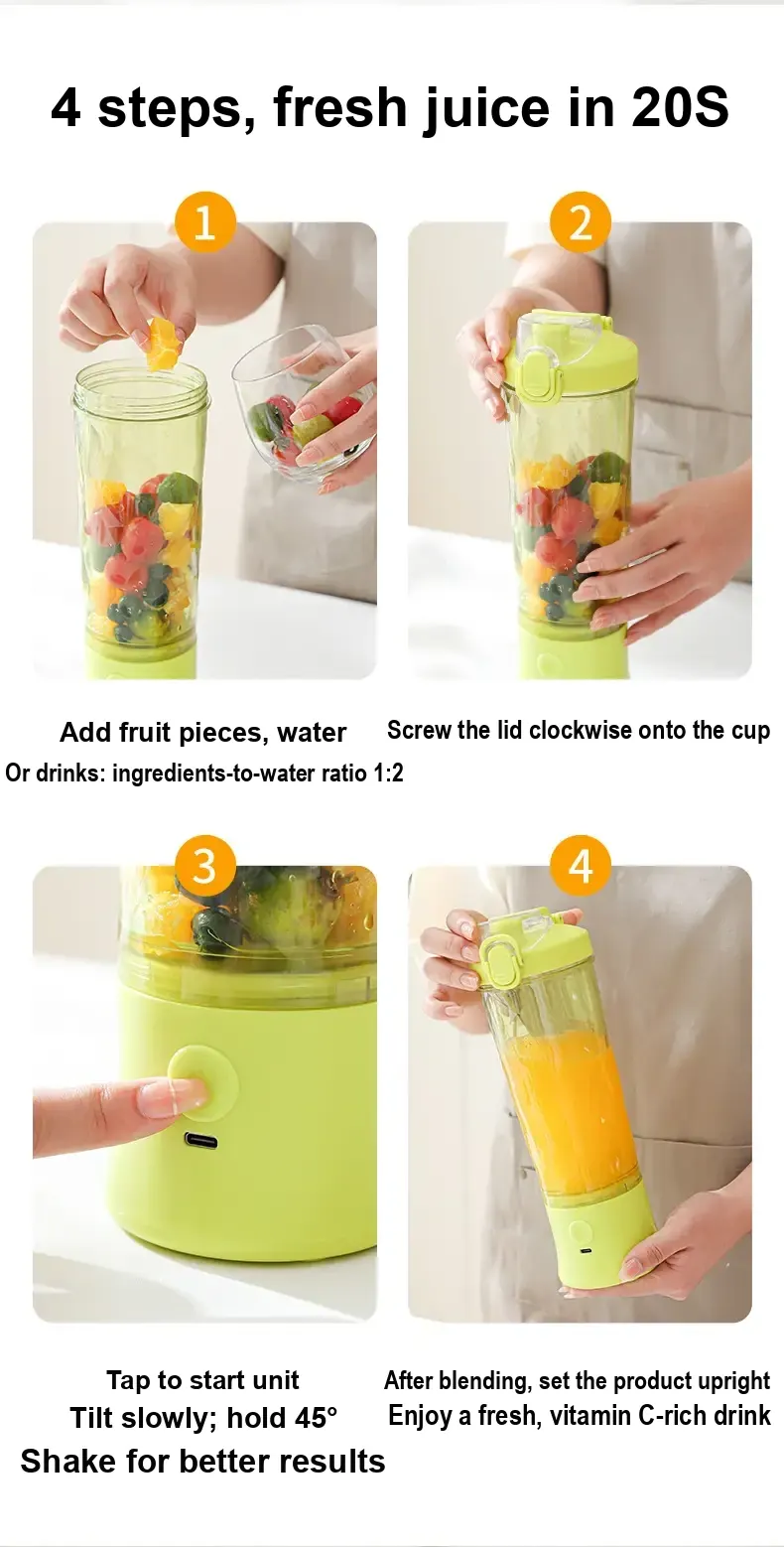 Four illustrated steps for adding ingredients, closing the cup and blending.