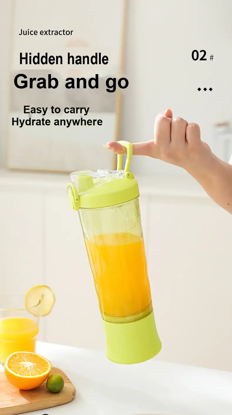 Lime-coloured juicer cup suspended by its folding carrying loop.