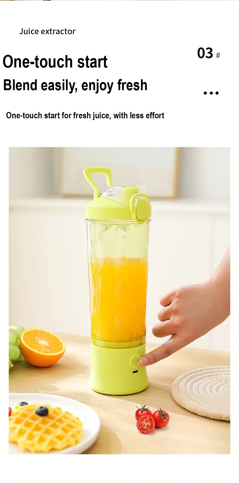 Lime portable juicer cup with its lid loop raised.