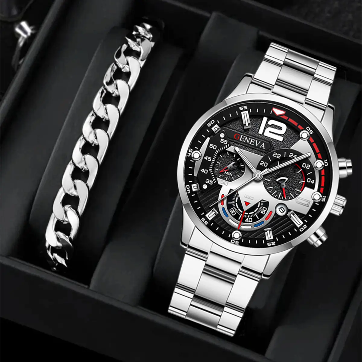 Geneva Chronograph Men's Black Steel Band Watch - Image 17