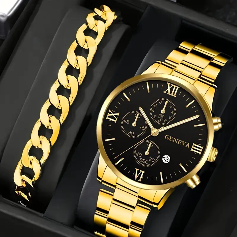 Geneva Chronograph Men's Black Steel Band Watch — feature 12