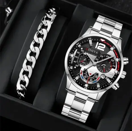 Geneva Chronograph Men's Black Steel Band Watch — feature 15