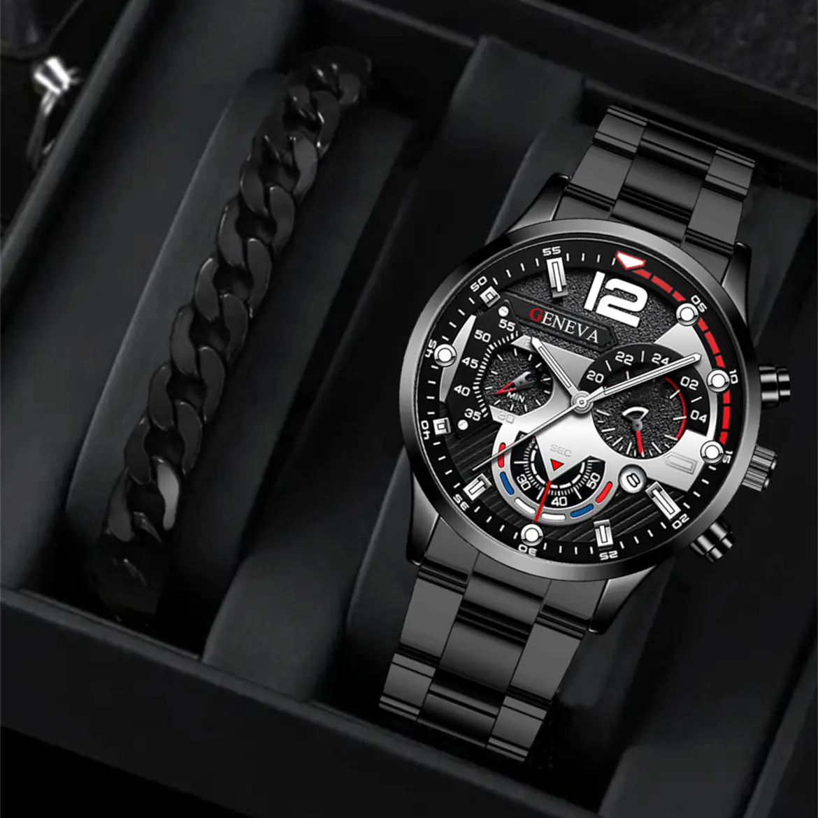 Geneva Chronograph Men's Black Steel Band Watch — feature 16