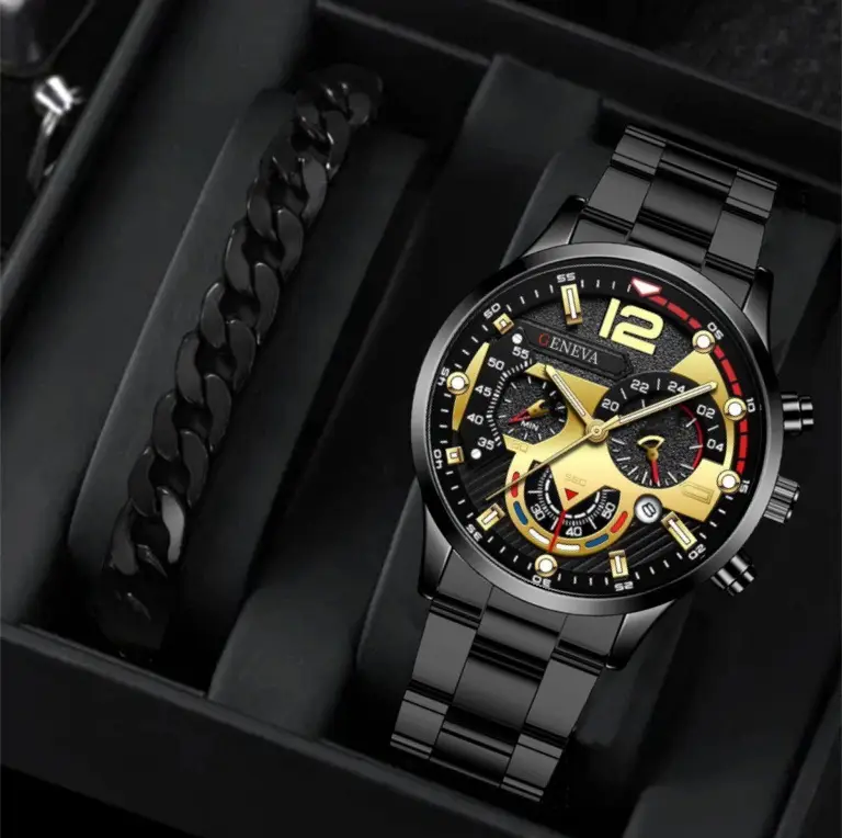 Geneva Chronograph Men's Black Steel Band Watch — feature 2