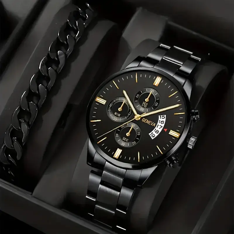 Geneva Chronograph Men's Black Steel Band Watch — feature 3