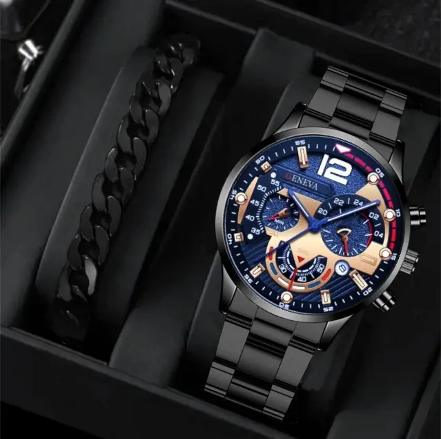 Geneva Chronograph Men's Black Steel Band Watch — feature 5
