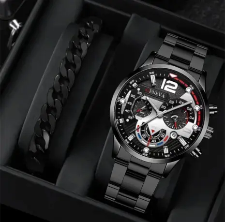 Geneva Chronograph Men's Black Steel Band Watch — feature 8