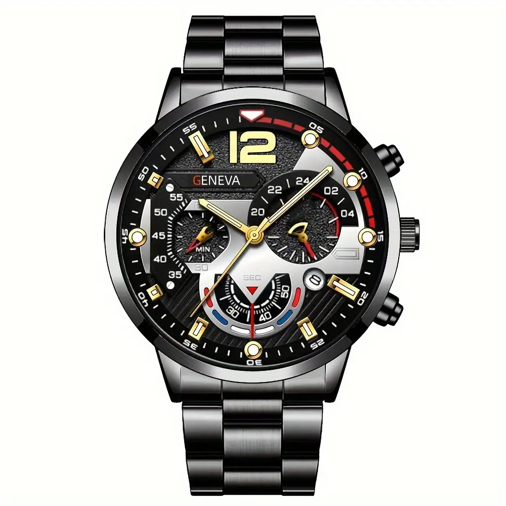 Geneva Chronograph Men's Black Steel Band Watch - Image 15