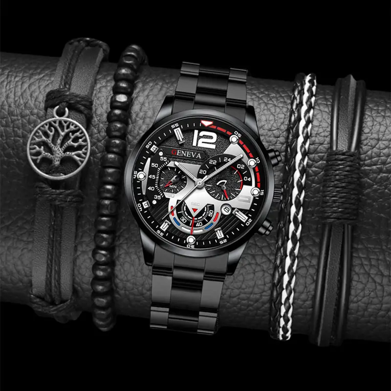 Geneva Chronograph Men's Black Steel Band Watch - Image 8
