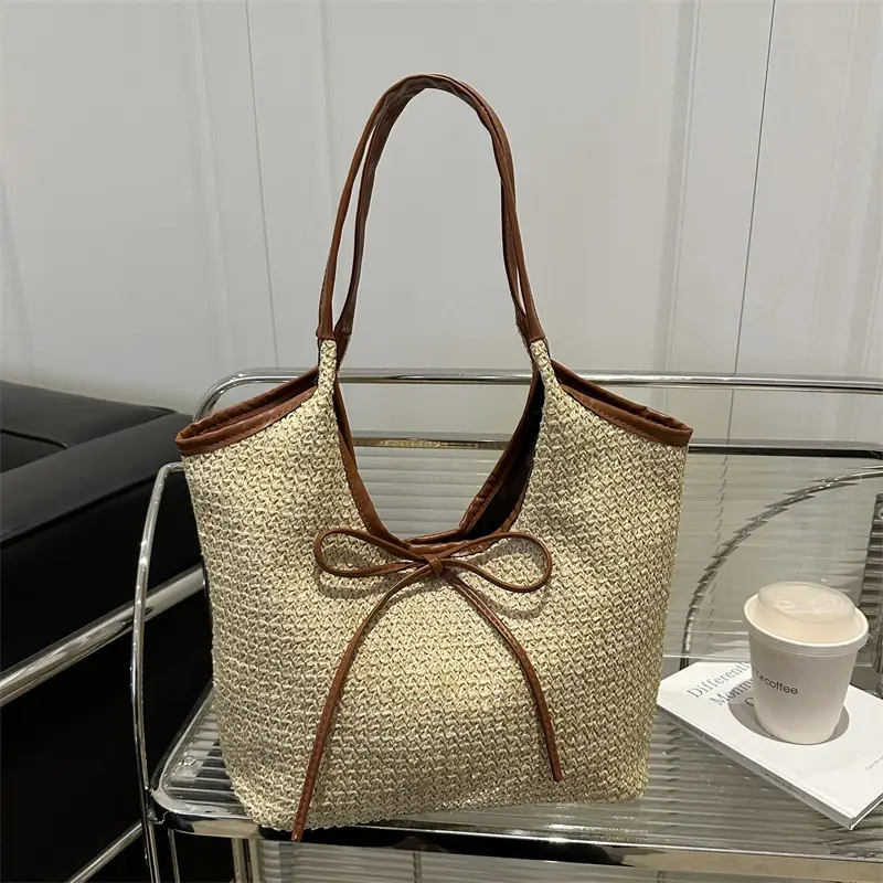 Women's Bow Underarm Bag Straw Color Contrast Large Capacity