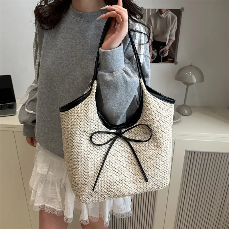 Women's Bow Underarm Bag Straw Color Contrast Large Capacity