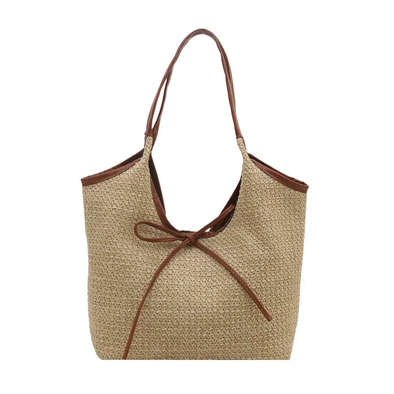 Women's Bow Underarm Bag Straw Color Contrast Large Capacity