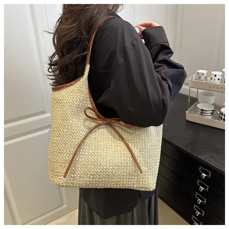 Women's Bow Underarm Bag Straw Color Contrast Large Capacity — feature 10