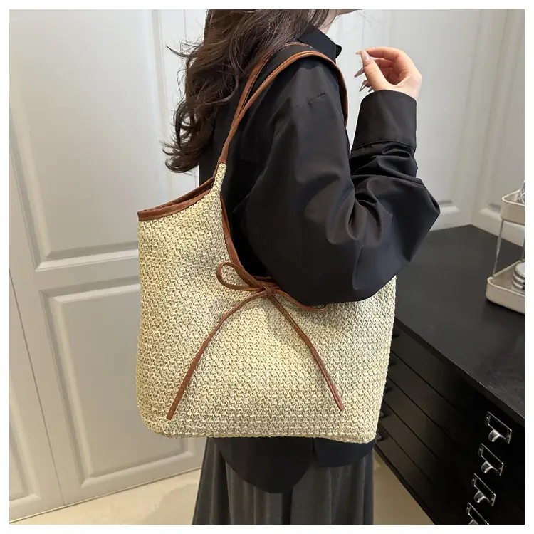 Women's Bow Underarm Bag Straw Color Contrast Large Capacity — feature 11