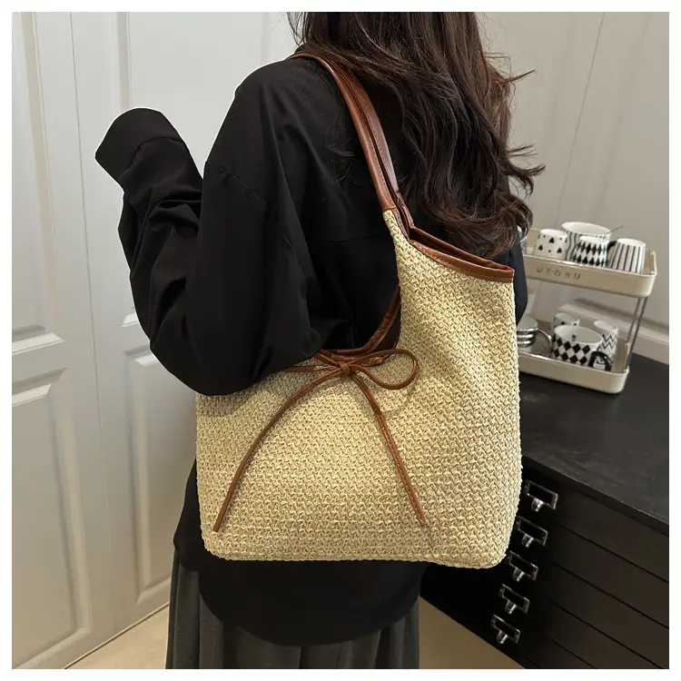 Women's Bow Underarm Bag Straw Color Contrast Large Capacity — feature 12