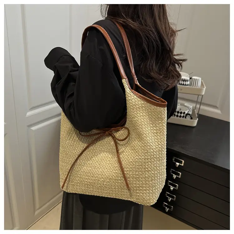 Women's Bow Underarm Bag Straw Color Contrast Large Capacity — feature 13