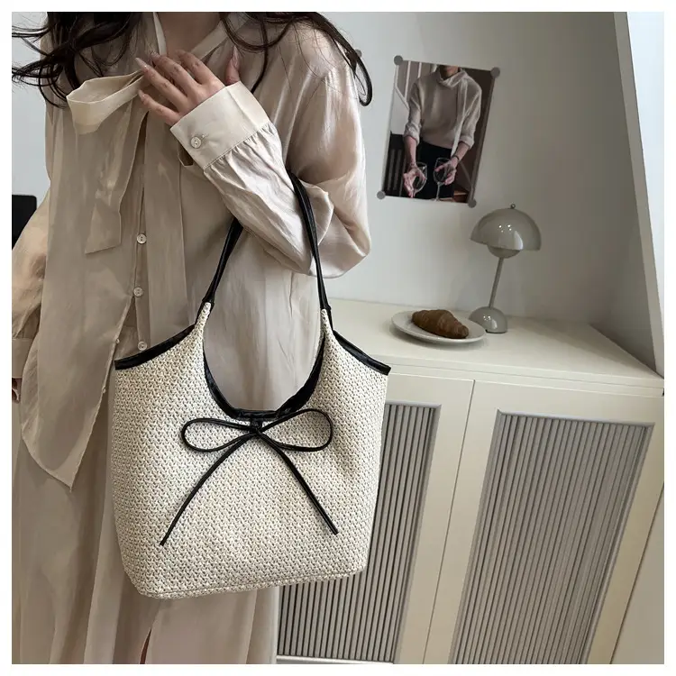 Women's Bow Underarm Bag Straw Color Contrast Large Capacity — feature 14
