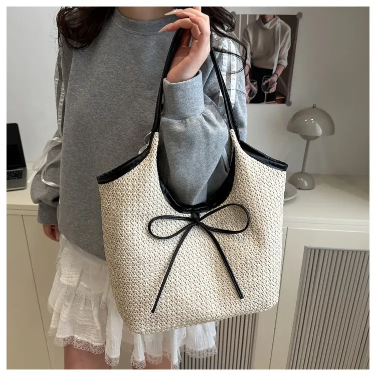 Women's Bow Underarm Bag Straw Color Contrast Large Capacity — feature 15